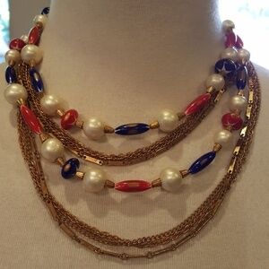 VTG  70s RED WHITE BLUE‎ GOLD MULTI STRANDS CHOKER